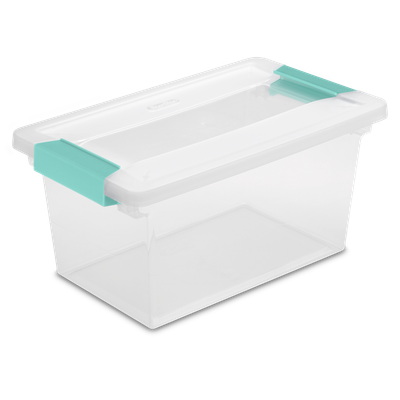 Caja Plástica Mediana Transparente, Clip Turquesa