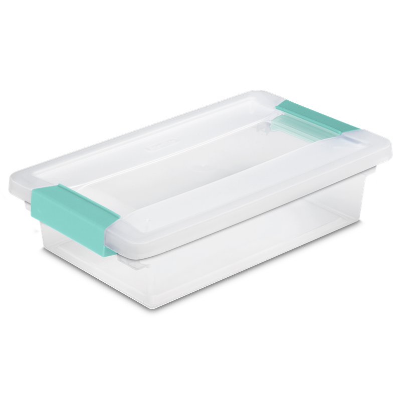 Caja Plástica Pequeña Transparente, Clip Turquesa