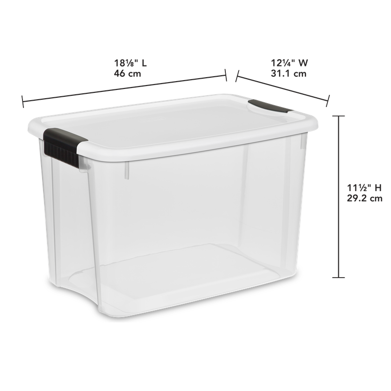 Caja Plástica 28 Litros, Transparente, Tapa Blanca Con Clip Negro
