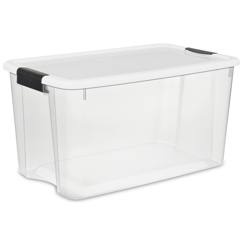 Caja Plástica 66 Litros, Transparente, Tapa Blanca Con Clip Negro