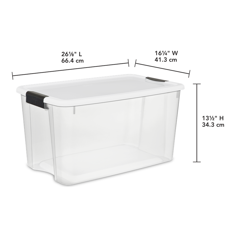 Caja Plástica 66 Litros, Transparente, Tapa Blanca Con Clip Negro