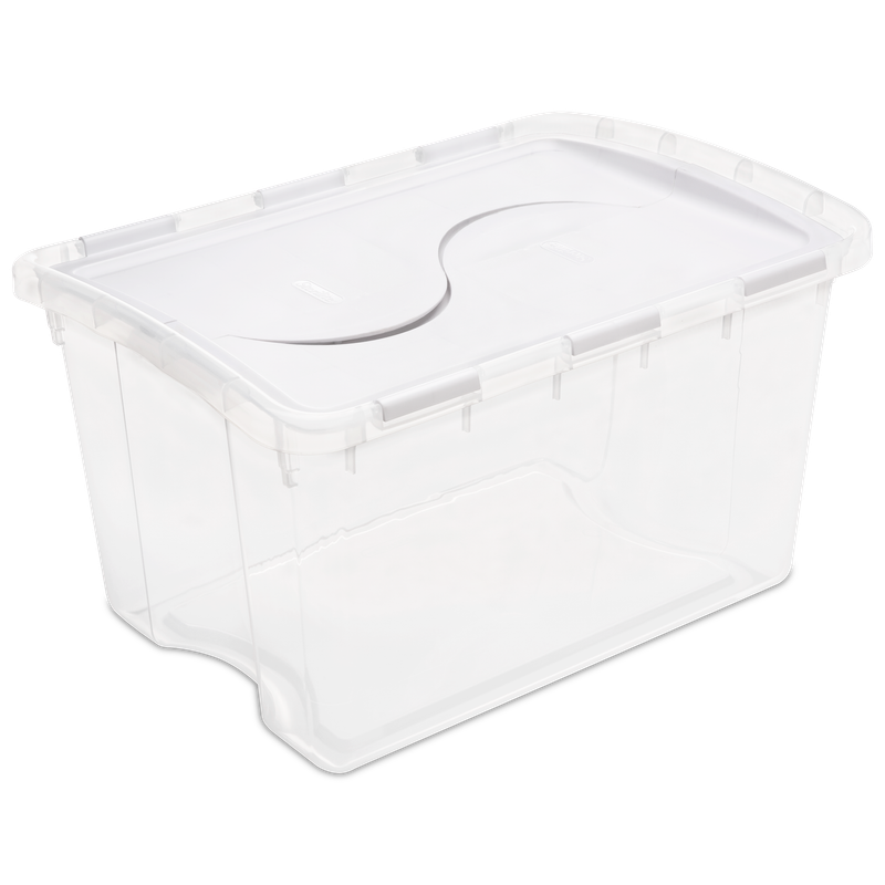 Caja Plástica Transparente 45 Lt, Tapa Abatible Blanca