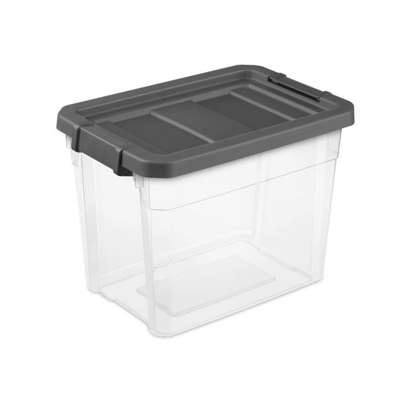Caja Plástica Transparente 28 Litros, Tapa/Clip Gris Oscuro