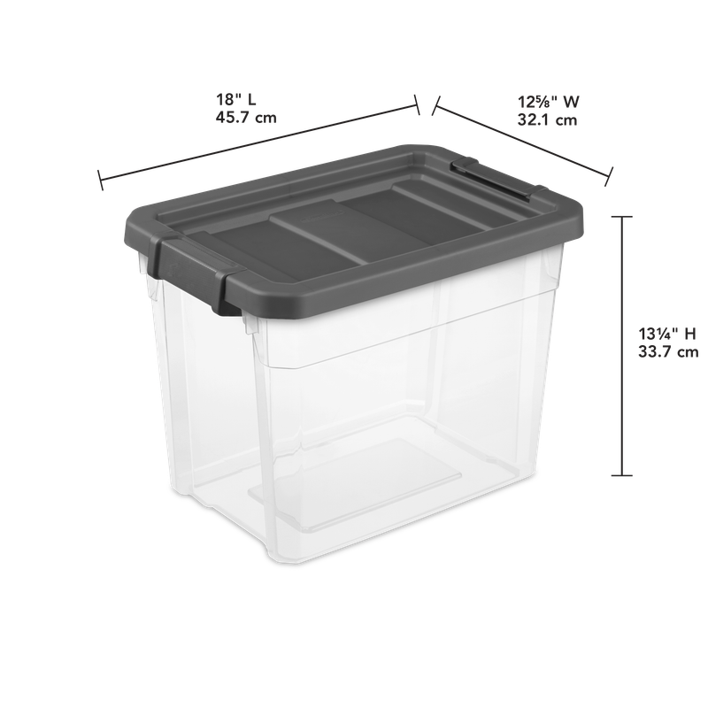 Caja Plástica Transparente 28 Litros, Tapa/Clip Gris Oscuro