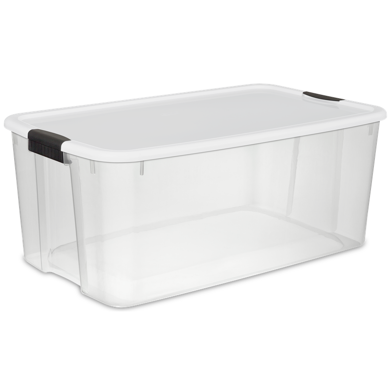 Caja Plástica Transparente 110 Lt, Tapa Blanca C/Clip Negro