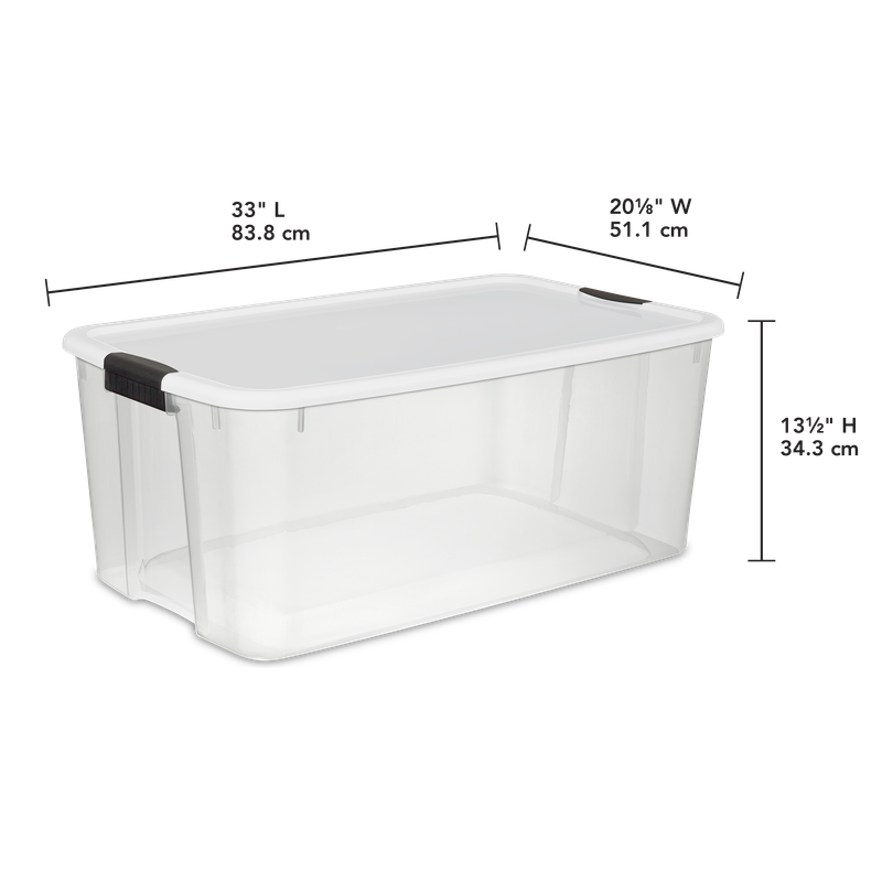 Caja Plástica Transparente 110 Lt, Tapa Blanca C/Clip Negro