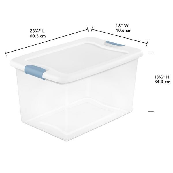 Caja Plástica 61 Litros, Transparente, Tapa Blanca, Clip Celeste