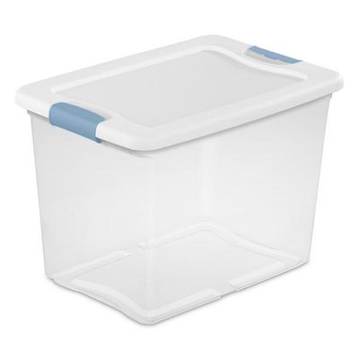 Caja Plástica, 24 Litros, Transparente, Tapa Blanca, Clip Celeste