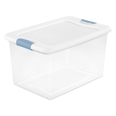 Caja Plástica 61 Litros, Transparente, Tapa Blanca, Clip Celeste