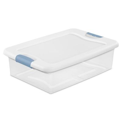 Caja Plástica, 30 Litros, Transparente Tapa Blanca, Clip Celeste