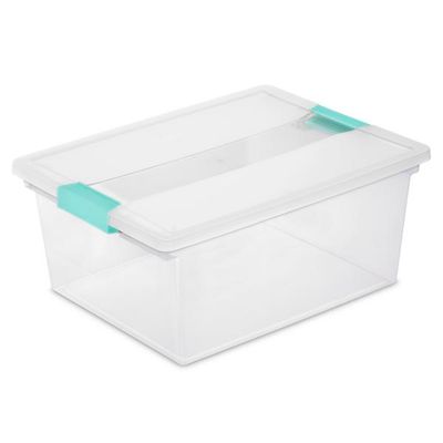 Caja Plástica Profunda Transparente, Clip Turquesa