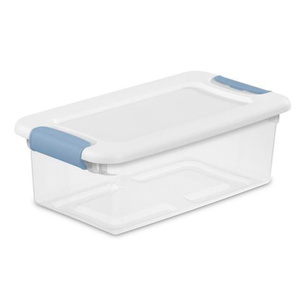 Caja Plástica, 5.7 Litros, Transparente, Tapa Blanca Clip Celeste