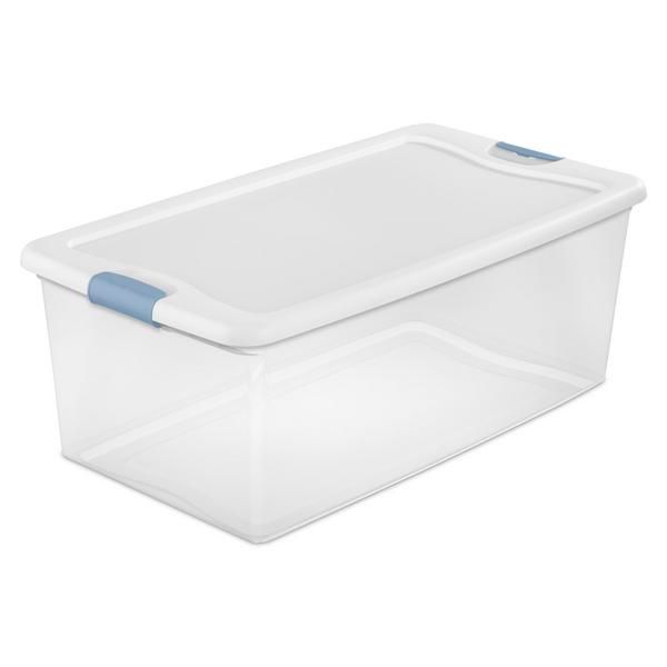 Caja Plástica, 100 Litros, Transparente Tapa Blanca, Clip Celeste