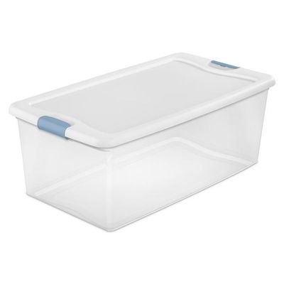 Caja Plástica, 100 Litros, Transparente Tapa Blanca, Clip Celeste