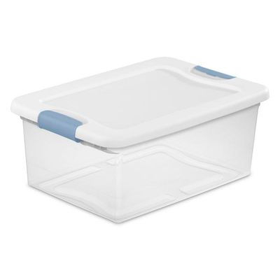 Caja Plástica, 14 Litros, Transparente, Tapa Blanca, Clip Celeste