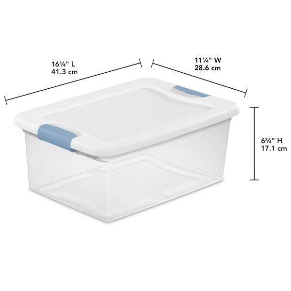 Caja Plástica, 14 Litros, Transparente, Tapa Blanca, Clip Celeste