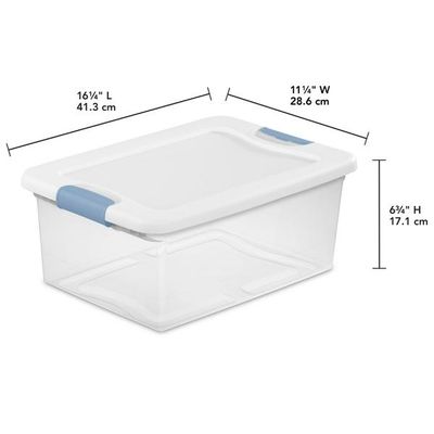 Caja Plástica, 14 Litros, Transparente, Tapa Blanca, Clip Celeste
