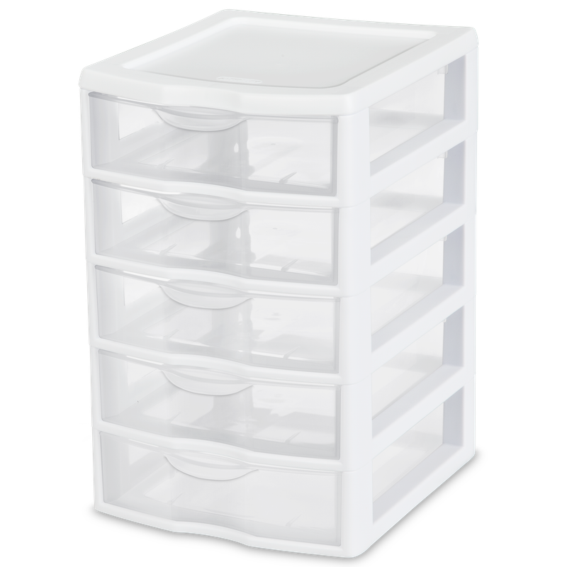 Caja Plástica Mini 5 Gavetas, Transparente Marco Blanco.