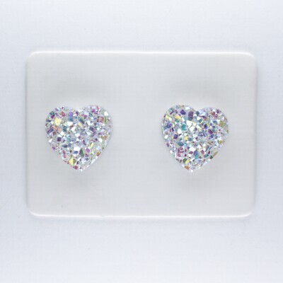 Druzy Resin Heart Charm Earrings, 10mm Iridescent, Hypoallergenic Stud, Clip-on or Magnetic