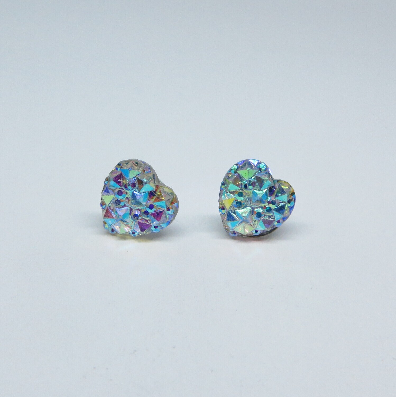Druzy Resin Heart Charm Earrings, 10mm Iridescent, Hypoallergenic Stud, Clip-on or Magnetic