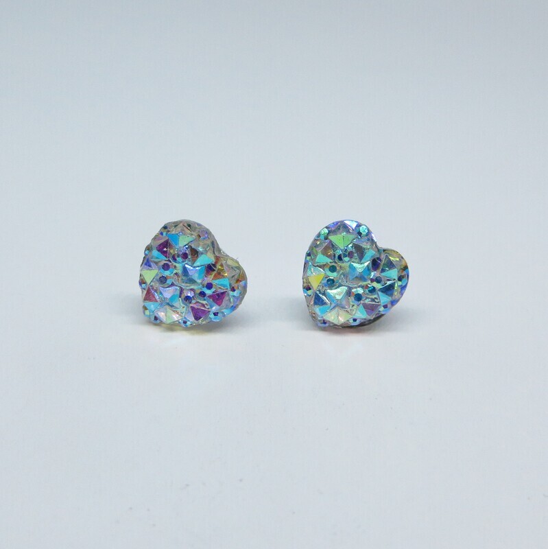Druzy Resin Heart Charm Earrings, 10mm Iridescent, Hypoallergenic Stud, Clip-on or Magnetic