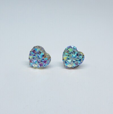 Druzy Resin Heart Charm Earrings, 10mm Iridescent, Hypoallergenic Stud, Clip-on or Magnetic