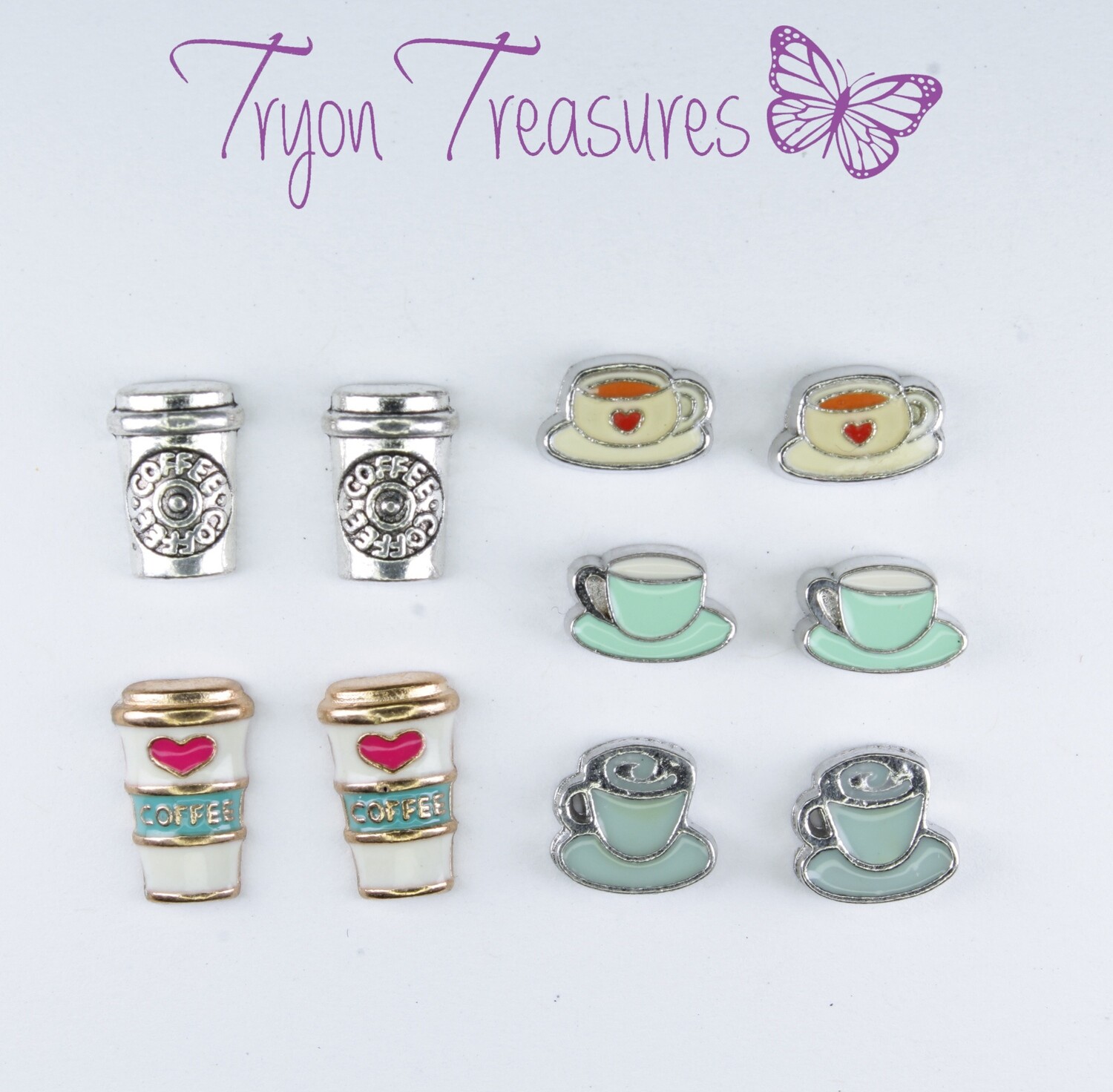 Charm Coffee Tea Earrings, Cup and Mug Earrings, Hypoallergenic Stud, Clip-on or Magnetic
