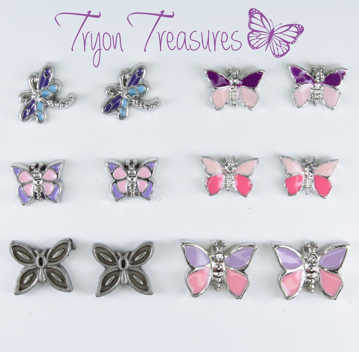 Charm Earrings, Butterflies and Dragonfly, Hypoallergenic Stud, Clip-on or Magnetic