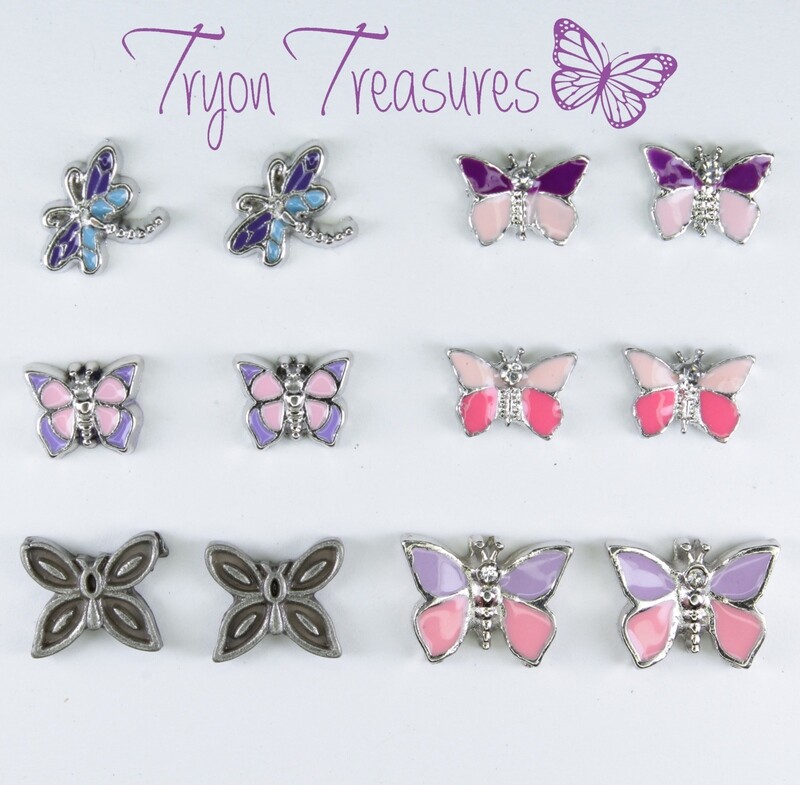 Charm Earrings, Butterflies and Dragonfly, Hypoallergenic Stud, Clip-on or Magnetic