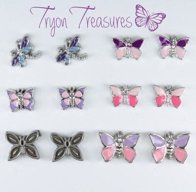 Charm Earrings, Butterflies and Dragonfly, Hypoallergenic Stud, Clip-on or Magnetic