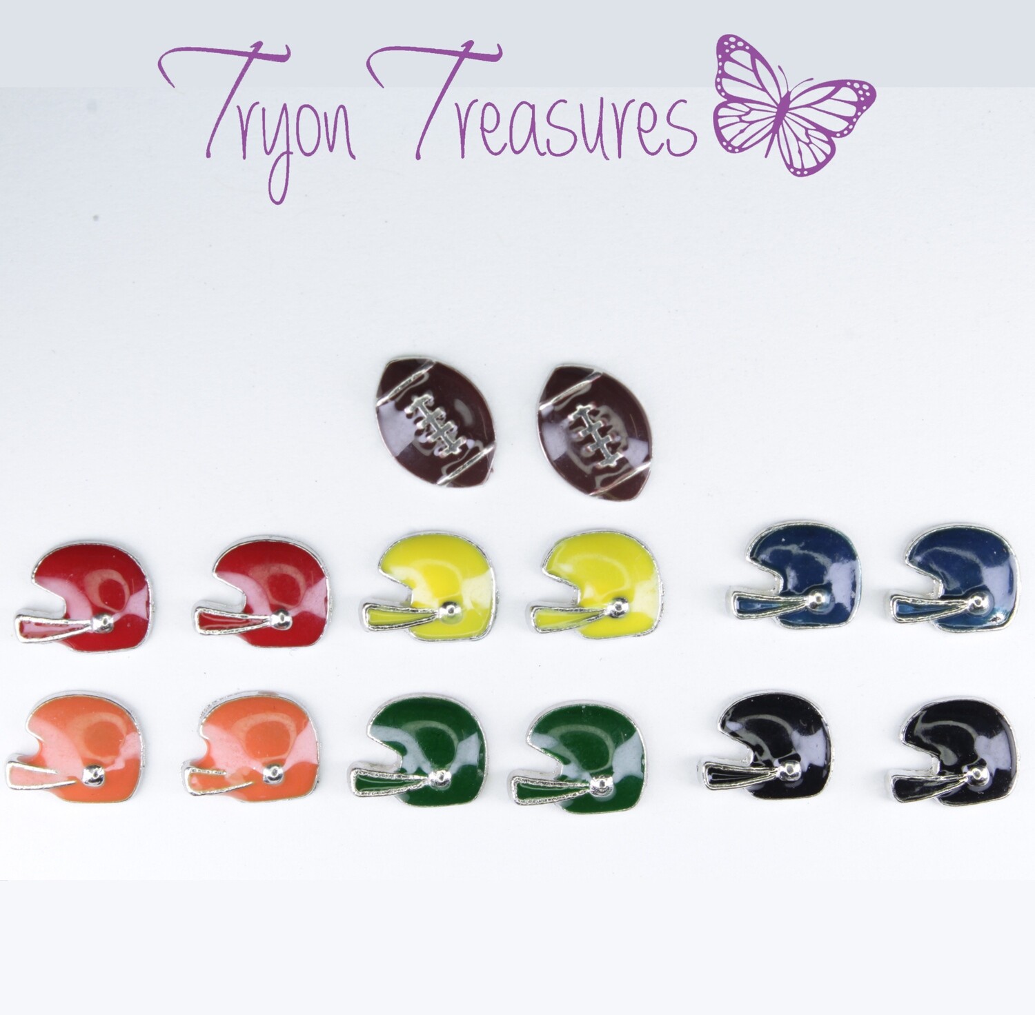 Charm Football Earrings, 7 styles, Hypoallergenic Stud, Clip-on or Magnetic