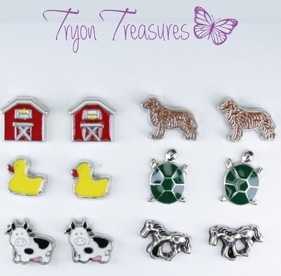 Charm Farm Animal Earrings, 5 styles, Hypoallergenic Stud, Clip-on or Magnetic