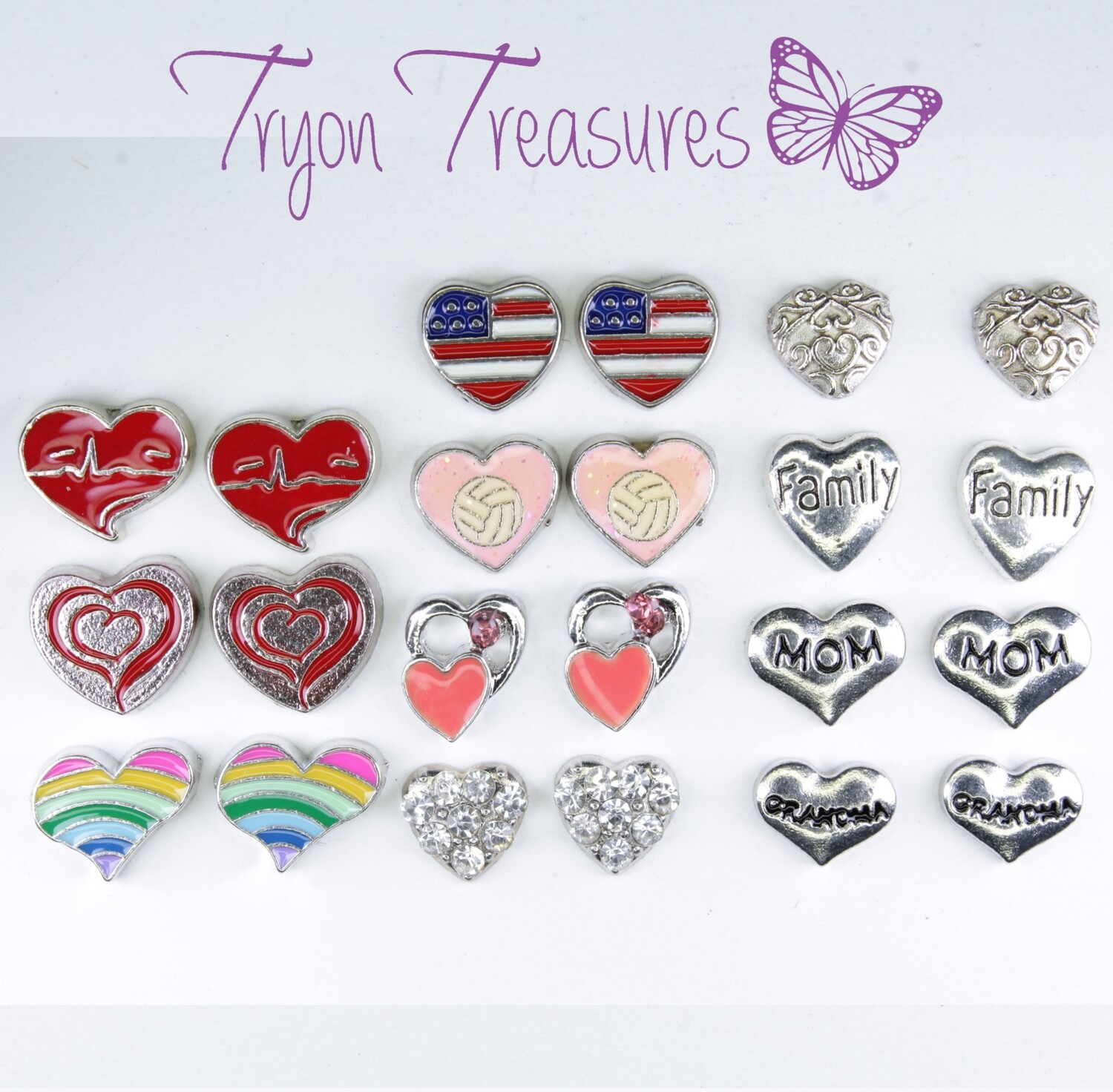 Charm Heart Earrings,  11 styles Hypoallergenic Stud, Clip-on or Magnetic
