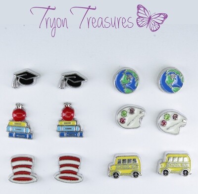 Charm Teacher Earrings, 6 styles, Hypoallergenic Stud, Clip-on or Magnetic