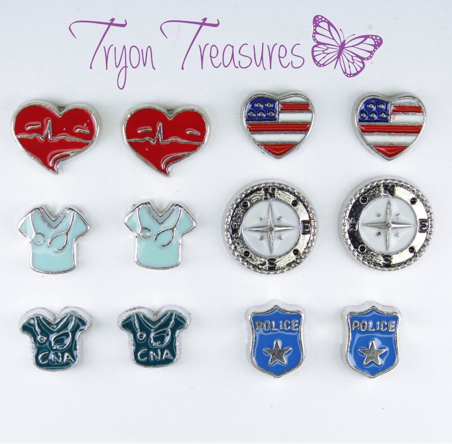 Charm First Responder Medical Profession Earrings, 4 styles, Hypoallergenic Stud, Clip-on or Magnetic