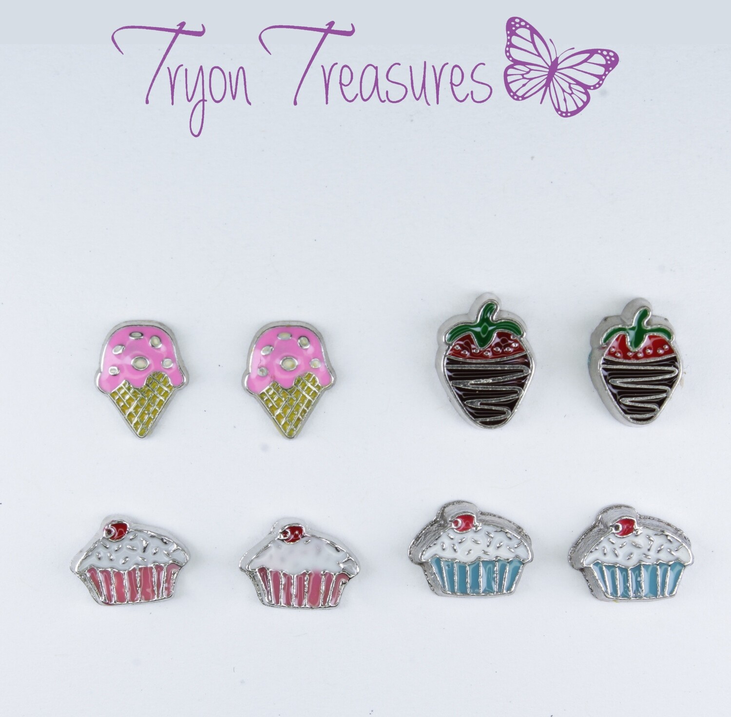 Charm Treat Earrings, Ice Cream and Cupcake, Hypoallergenic Stud, Clip-on or Magnetic