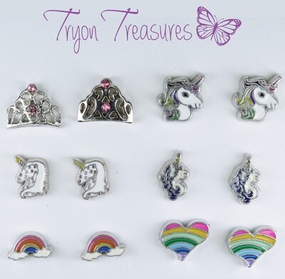 Charm Unicorn Earrings, 6 styles, Hypoallergenic Stud, Clip-on or Magnetic