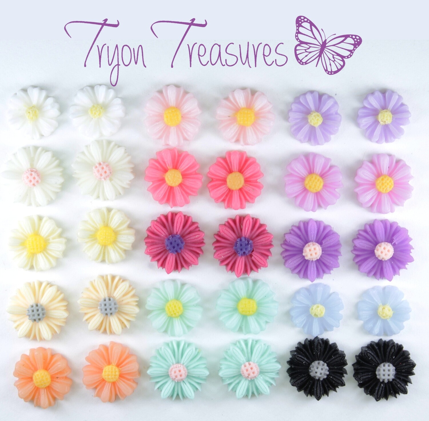 Flower Daisy Earrings, 8mm, 16 Colors Hypoallergenic Stud, Clip-on or Magnetic