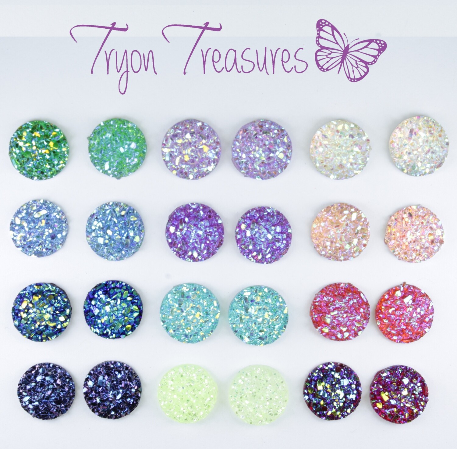 Druzy Resin Earrings, 10mm, 11 colors Hypoallergenic Stud, Clip-on or Magnetic