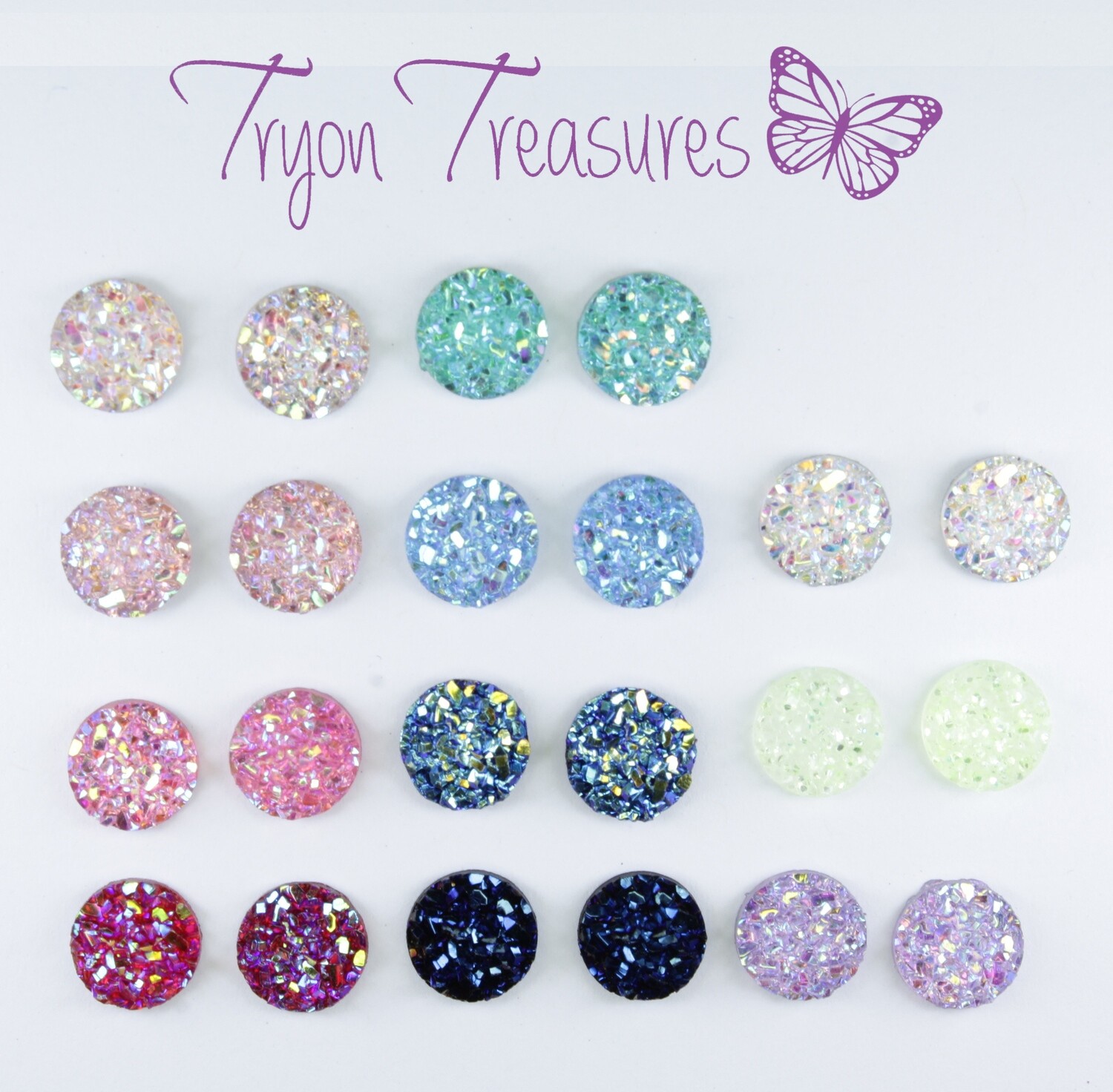 Druzy Resin Earrings, 8mm, 11 colors Hypoallergenic Stud, Clip-on or Magnetic