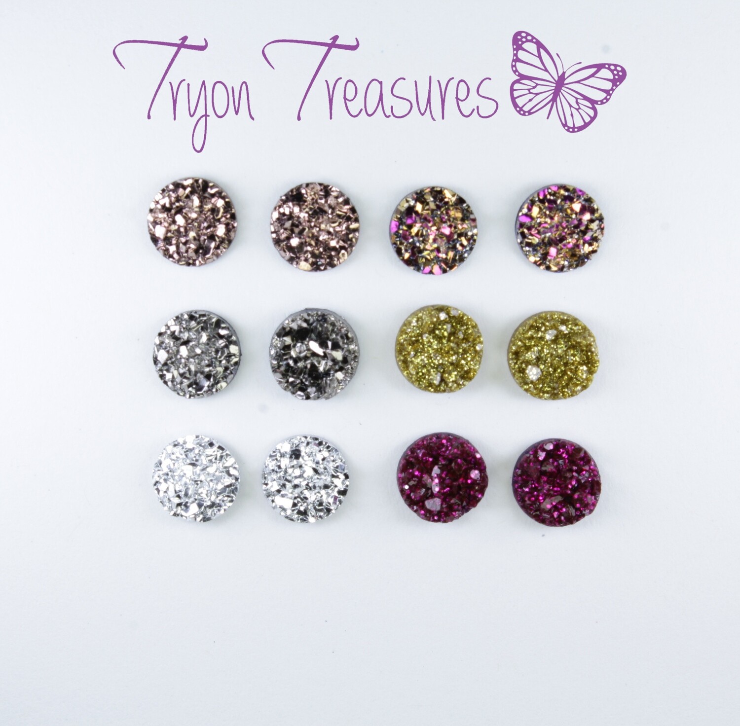 Druzy Resin Metallic Charm Earrings, 6 colors, 8mm, Hypoallergenic Stud, Clip-on or Magnetic