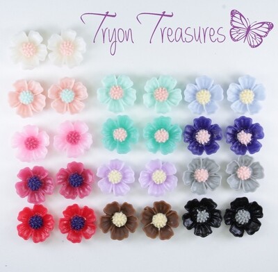 Flower Geranium Earrings, 10mm, 12 Colors Hypoallergenic Stud, Clip-on or Magnetic