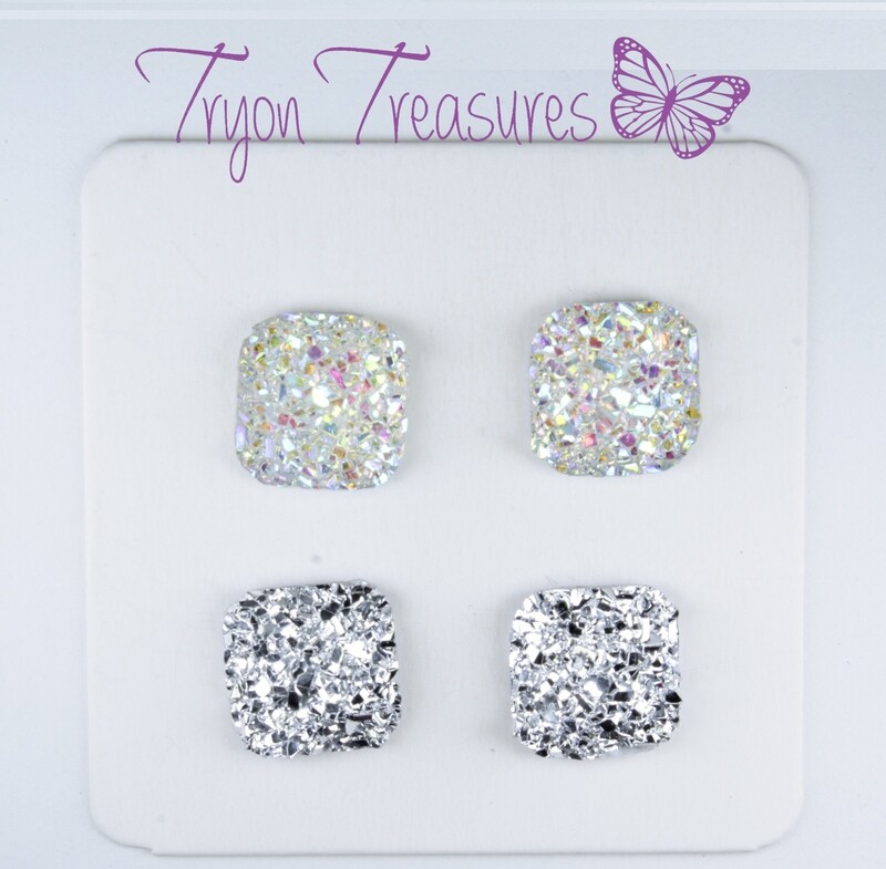 Druzy Resin Square Earrings, 10mm, 2 colors, Hypoallergenic Stud, Clip-on or Magnetic