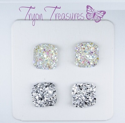 Druzy Resin Square Earrings, 10mm, 2 colors, Hypoallergenic Stud, Clip-on or Magnetic