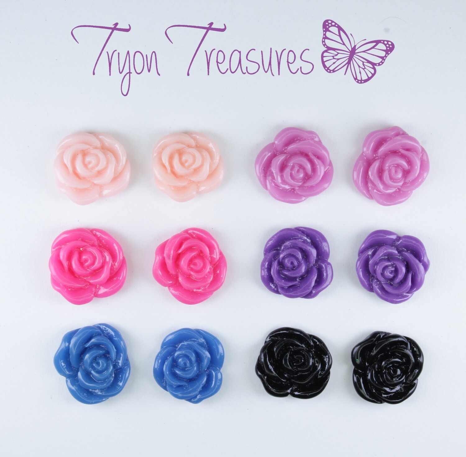 Flower Flat Rose Earrings, 10mm, 6 Colors Hypoallergenic Stud, Clip-on or Magnetic