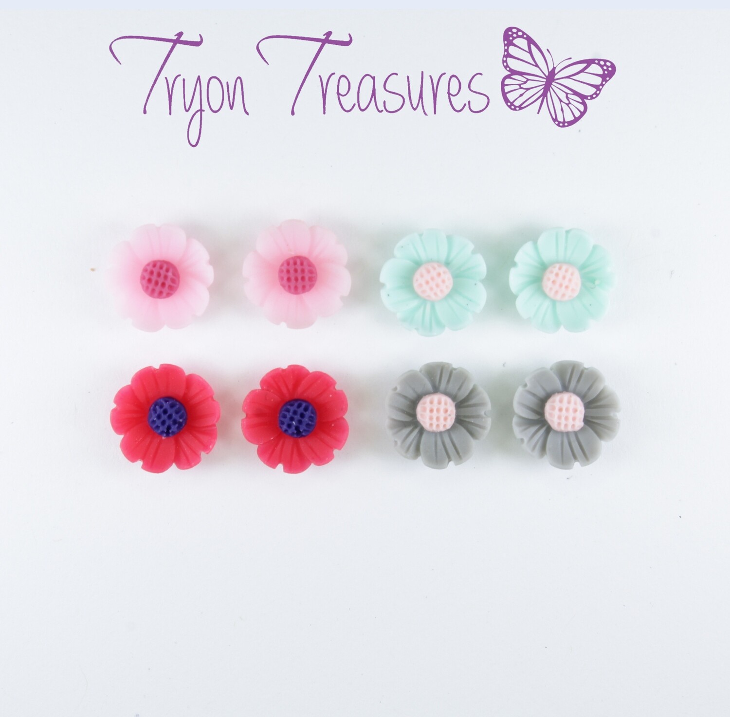 Flower Mum Earrings, 10mm, 4 Colors Hypoallergenic Stud, Clip-on or Magnetic