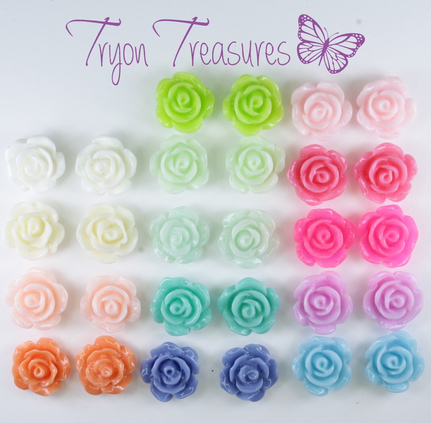 Flower Rose Earrings, 10mm, 14 Colors Hypoallergenic Stud, Clip-on or Magnetic
