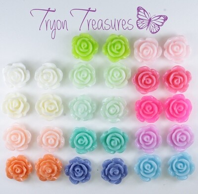 Flower Rose Earrings, 10mm, 14 Colors Hypoallergenic Stud, Clip-on or Magnetic