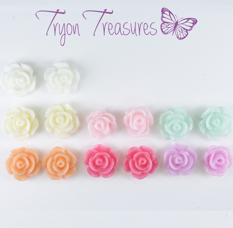Flower Rose Earrings, 8mm, 7 Colors Hypoallergenic Stud, Clip-on or Magnetic