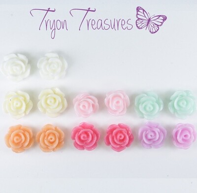 Flower Rose Earrings, 8mm, 7 Colors Hypoallergenic Stud, Clip-on or Magnetic